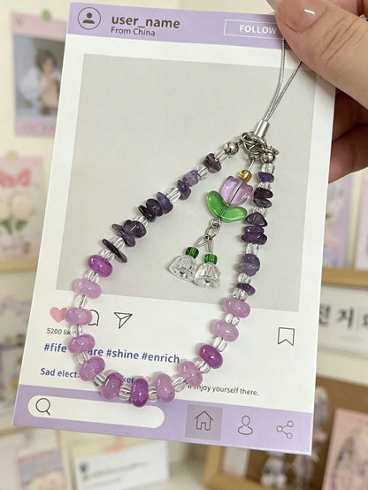 Crystal Crushed Stone Beaded Wind Chime Flower Pendant Phone Lanyard, Purple Pink Crystal Anti-Lost Phone Chain Charm, CCD Camera Wrist Strap, Fashion Versatile Universal Phone Lanyard, Suitable For E