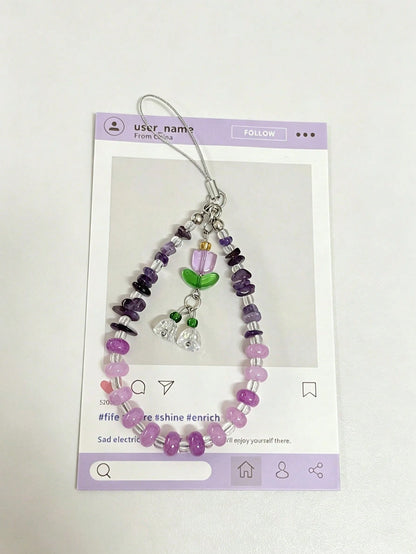 Crystal Crushed Stone Beaded Wind Chime Flower Pendant Phone Lanyard, Purple Pink Crystal Anti-Lost Phone Chain Charm, CCD Camera Wrist Strap, Fashion Versatile Universal Phone Lanyard, Suitable For E