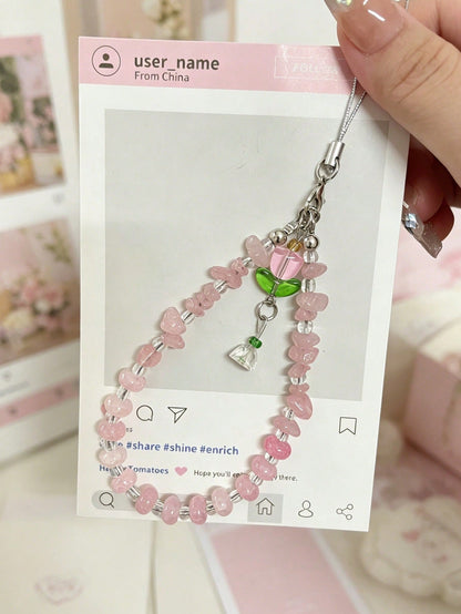 Crystal Crushed Stone Beaded Wind Chime Flower Pendant Phone Lanyard, Purple Pink Crystal Anti-Lost Phone Chain Charm, CCD Camera Wrist Strap, Fashion Versatile Universal Phone Lanyard, Suitable For E