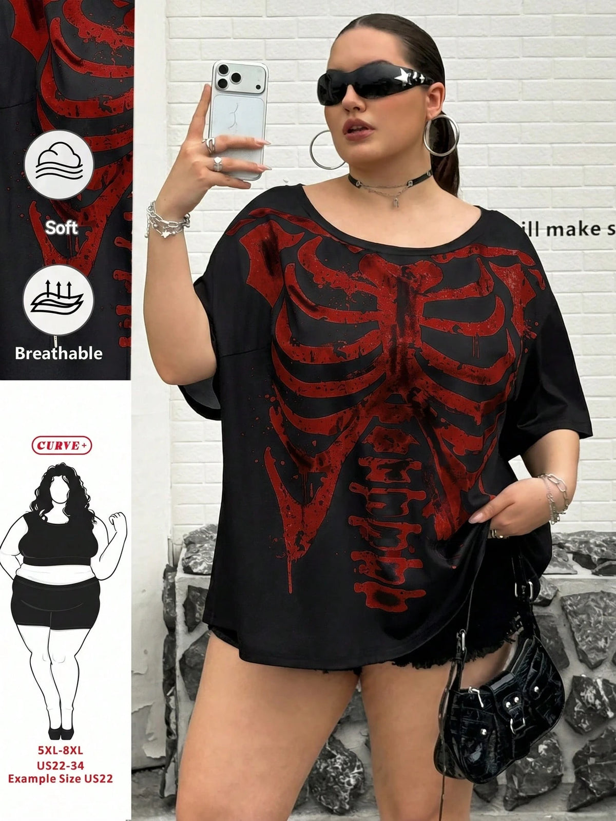 CURVE+ Black Knit Fabric Halloween Skull Print Casual 90s Top, Regular Length, Large Scoop Neck, Half-Off Shoulder Sleeve, Gothic Style Women's Skull Shirt