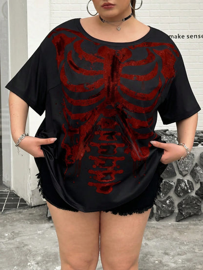 CURVE+ Black Knit Fabric Halloween Skull Print Casual 90s Top, Regular Length, Large Scoop Neck, Half-Off Shoulder Sleeve, Gothic Style Women's Skull Shirt