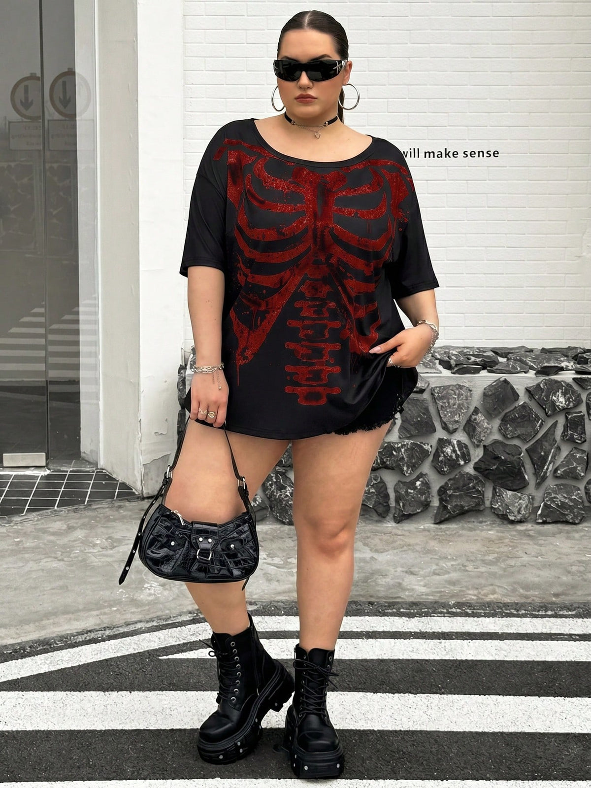 CURVE+ Black Knit Fabric Halloween Skull Print Casual 90s Top, Regular Length, Large Scoop Neck, Half-Off Shoulder Sleeve, Gothic Style Women's Skull Shirt