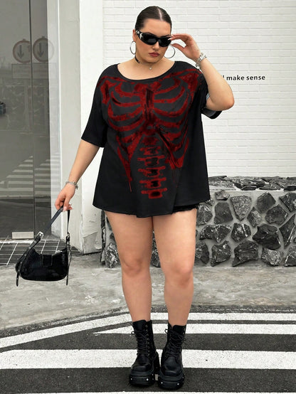 CURVE+ Black Knit Fabric Halloween Skull Print Casual 90s Top, Regular Length, Large Scoop Neck, Half-Off Shoulder Sleeve, Gothic Style Women's Skull Shirt