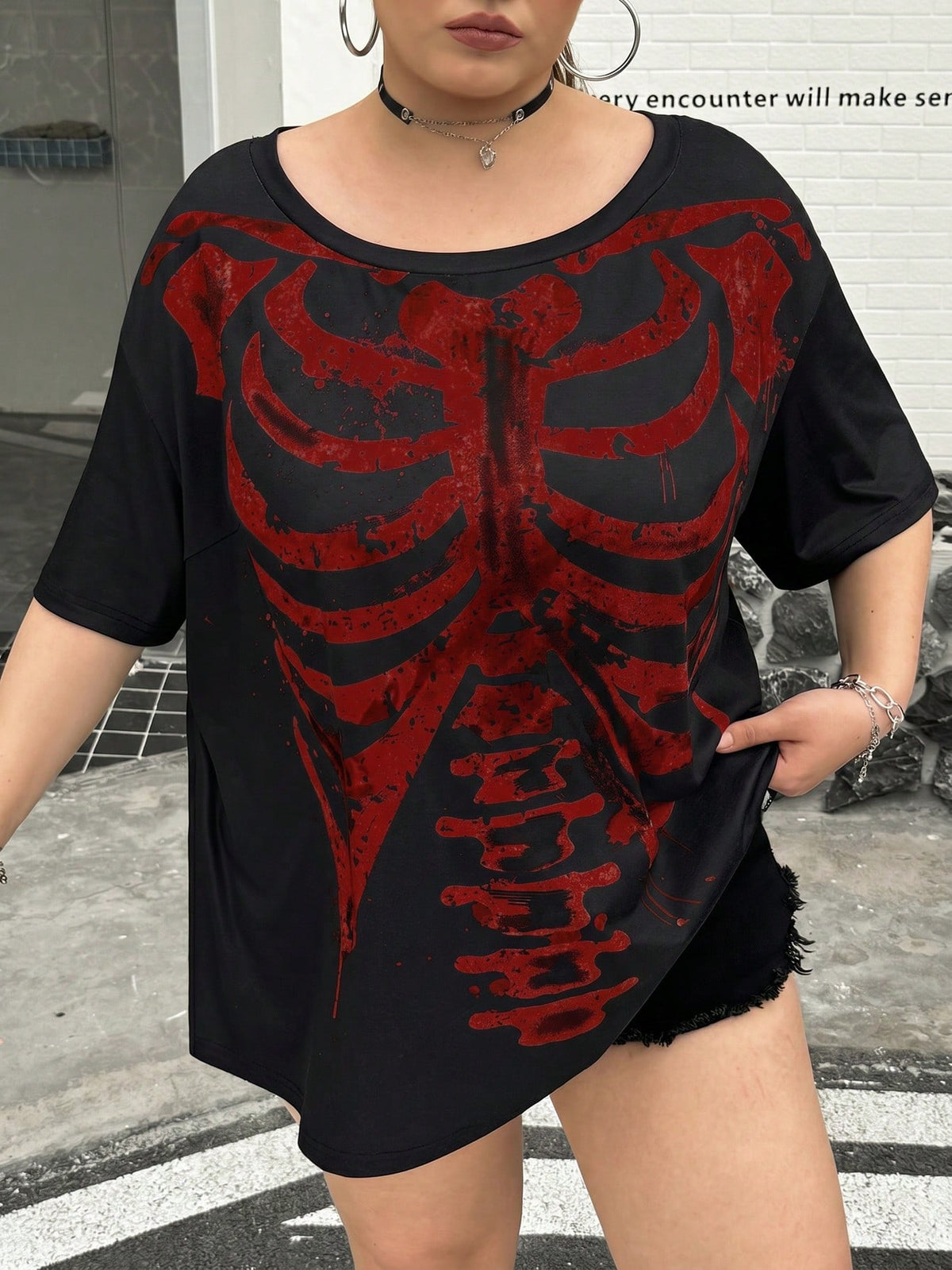CURVE+ Black Knit Fabric Halloween Skull Print Casual 90s Top, Regular Length, Large Scoop Neck, Half-Off Shoulder Sleeve, Gothic Style Women's Skull Shirt
