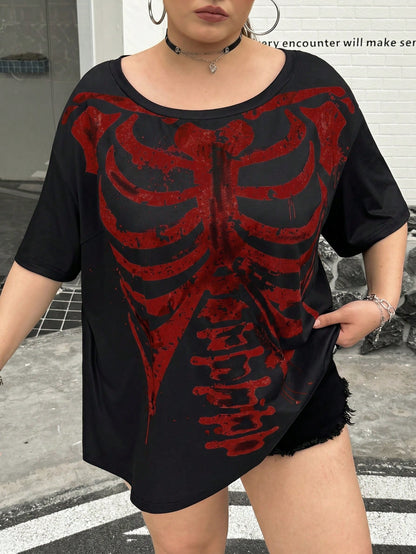 CURVE+ Black Knit Fabric Halloween Skull Print Casual 90s Top, Regular Length, Large Scoop Neck, Half-Off Shoulder Sleeve, Gothic Style Women's Skull Shirt