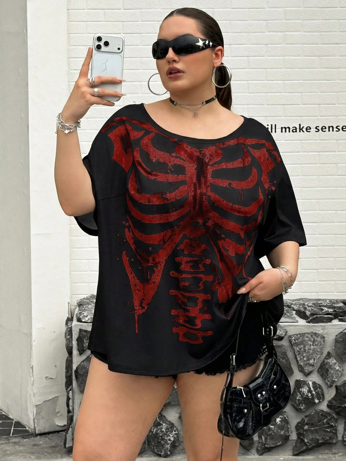 CURVE+ Black Knit Fabric Halloween Skull Print Casual 90s Top, Regular Length, Large Scoop Neck, Half-Off Shoulder Sleeve, Gothic Style Women's Skull Shirt