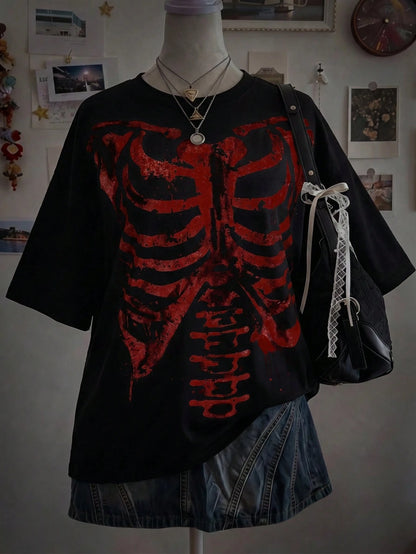 CURVE+ Black Knit Fabric Halloween Skull Print Casual 90s Top, Regular Length, Large Scoop Neck, Half-Off Shoulder Sleeve, Gothic Style Women's Skull Shirt