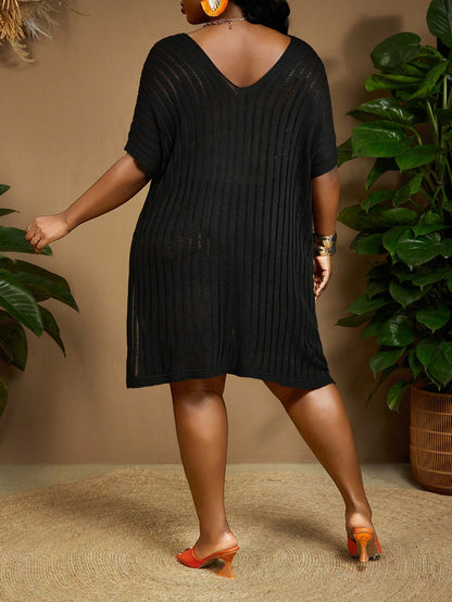 CURVE+ Black Plus Size Batwing Sleeve Split Thigh Cover Up Dress,Boho Summer Beach Vacation Holiday Outfits For Woman,Curve Plus Essentials Tea Party Dress
