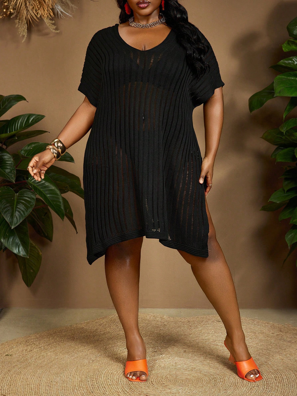CURVE+ Black Plus Size Batwing Sleeve Split Thigh Cover Up Dress,Boho Summer Beach Vacation Holiday Outfits For Woman,Curve Plus Essentials Tea Party Dress