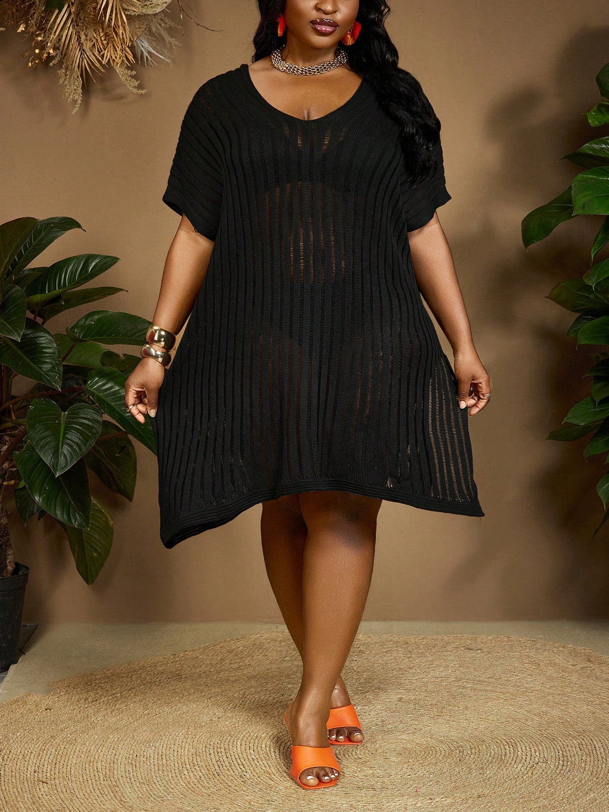 CURVE+ Black Plus Size Batwing Sleeve Split Thigh Cover Up Dress,Boho Summer Beach Vacation Holiday Outfits For Woman,Curve Plus Essentials Tea Party Dress