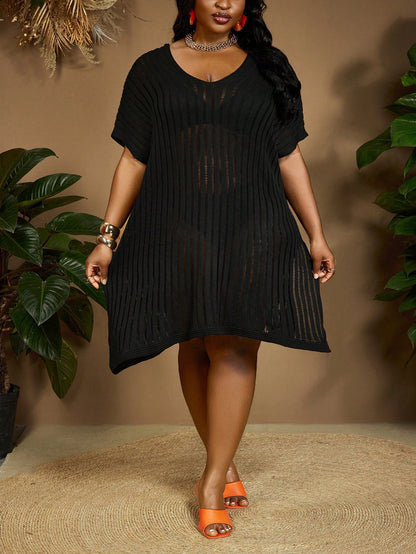 CURVE+ Black Plus Size Batwing Sleeve Split Thigh Cover Up Dress,Boho Summer Beach Vacation Holiday Outfits For Woman,Curve Plus Essentials Tea Party Dress