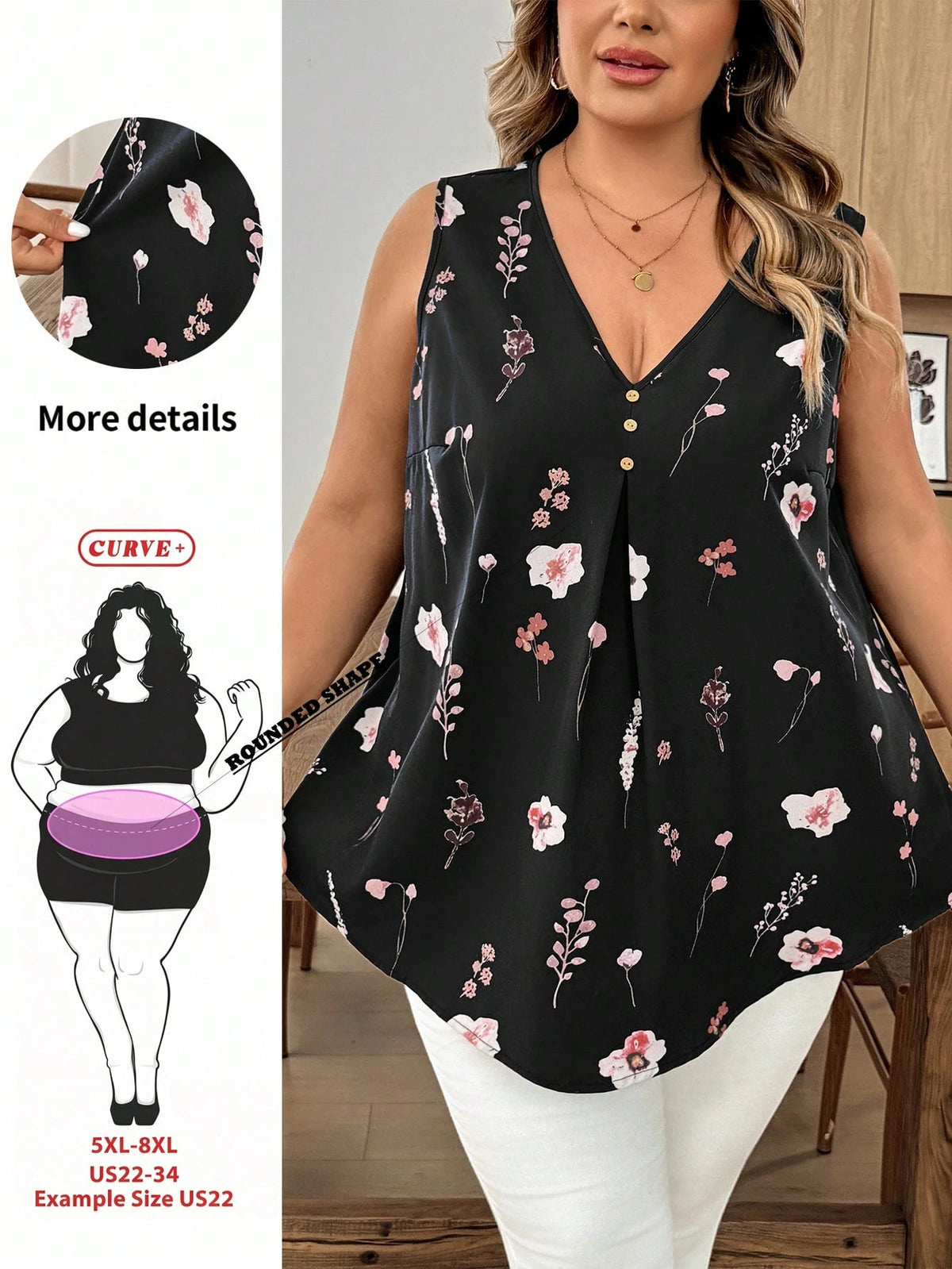 CURVE+ Curve Size US22 Music Festival, Seaside Vacation, Bohemia Sleeveless Black Plaid V-Neck Button Decor Long Curved Hem Casual Shirt, Suitable For Spring