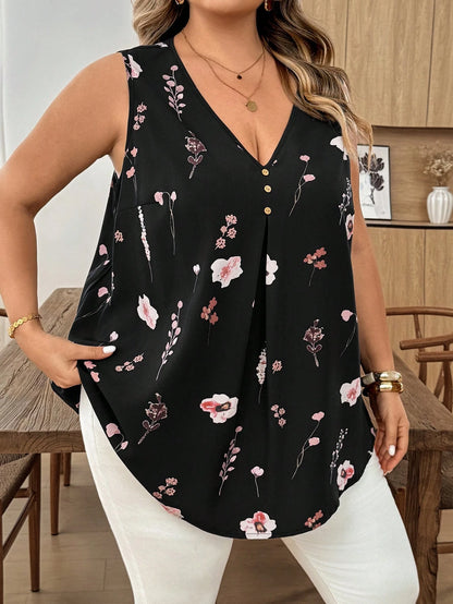 CURVE+ Curve Size US22 Music Festival, Seaside Vacation, Bohemia Sleeveless Black Plaid V-Neck Button Decor Long Curved Hem Casual Shirt, Suitable For Spring