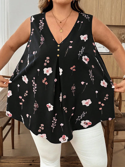 CURVE+ Curve Size US22 Music Festival, Seaside Vacation, Bohemia Sleeveless Black Plaid V-Neck Button Decor Long Curved Hem Casual Shirt, Suitable For Spring