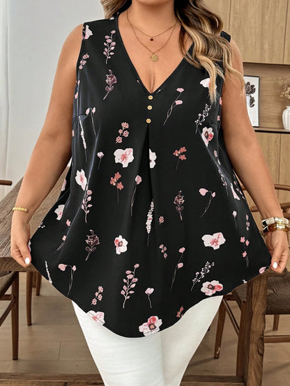 CURVE+ Curve Size US22 Music Festival, Seaside Vacation, Bohemia Sleeveless Black Plaid V-Neck Button Decor Long Curved Hem Casual Shirt, Suitable For Spring