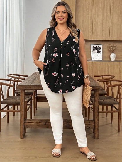 CURVE+ Curve Size US22 Music Festival, Seaside Vacation, Bohemia Sleeveless Black Plaid V-Neck Button Decor Long Curved Hem Casual Shirt, Suitable For Spring
