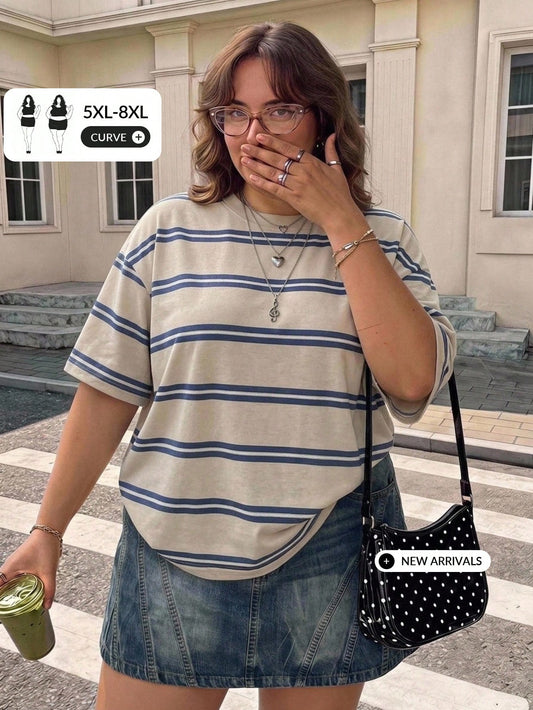 CURVE+ Plus Size Blue Striped Crew Neck T-Shirt, Suitable For Autumn