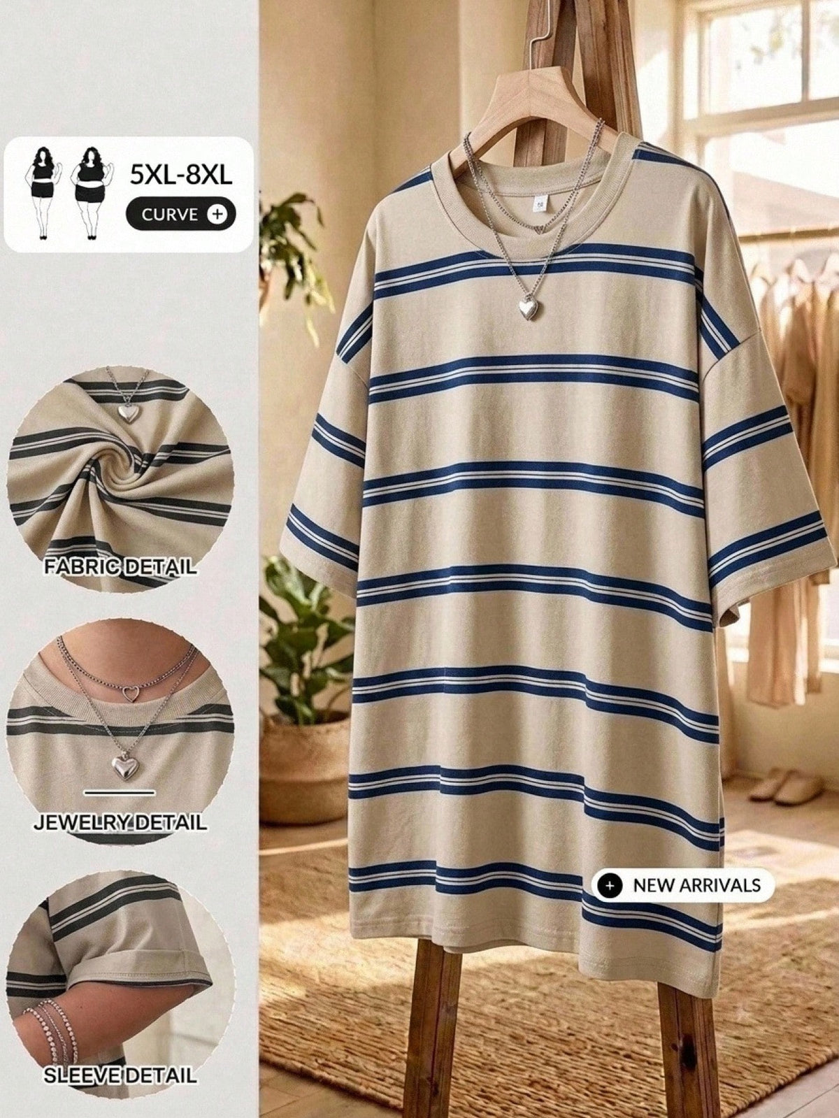 CURVE+ Plus Size Blue Striped Crew Neck T-Shirt, Suitable For Autumn