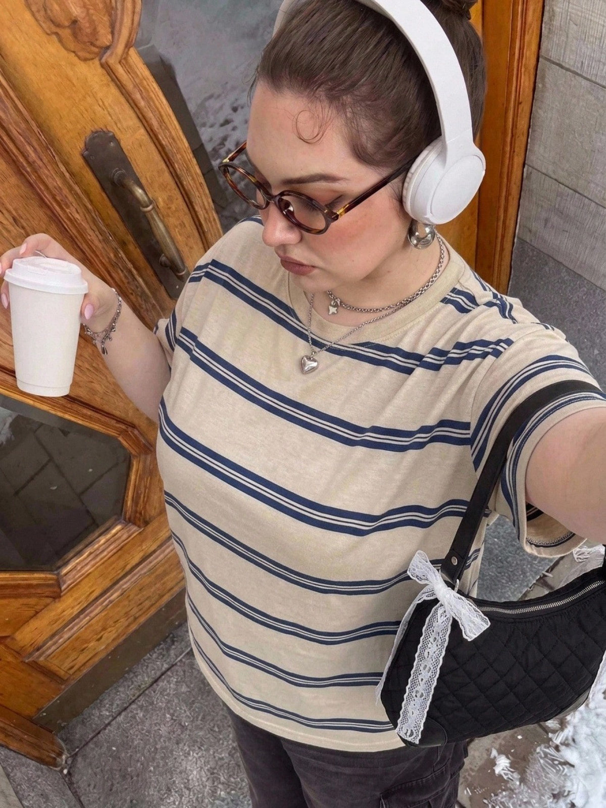 CURVE+ Plus Size Blue Striped Crew Neck T-Shirt, Suitable For Autumn