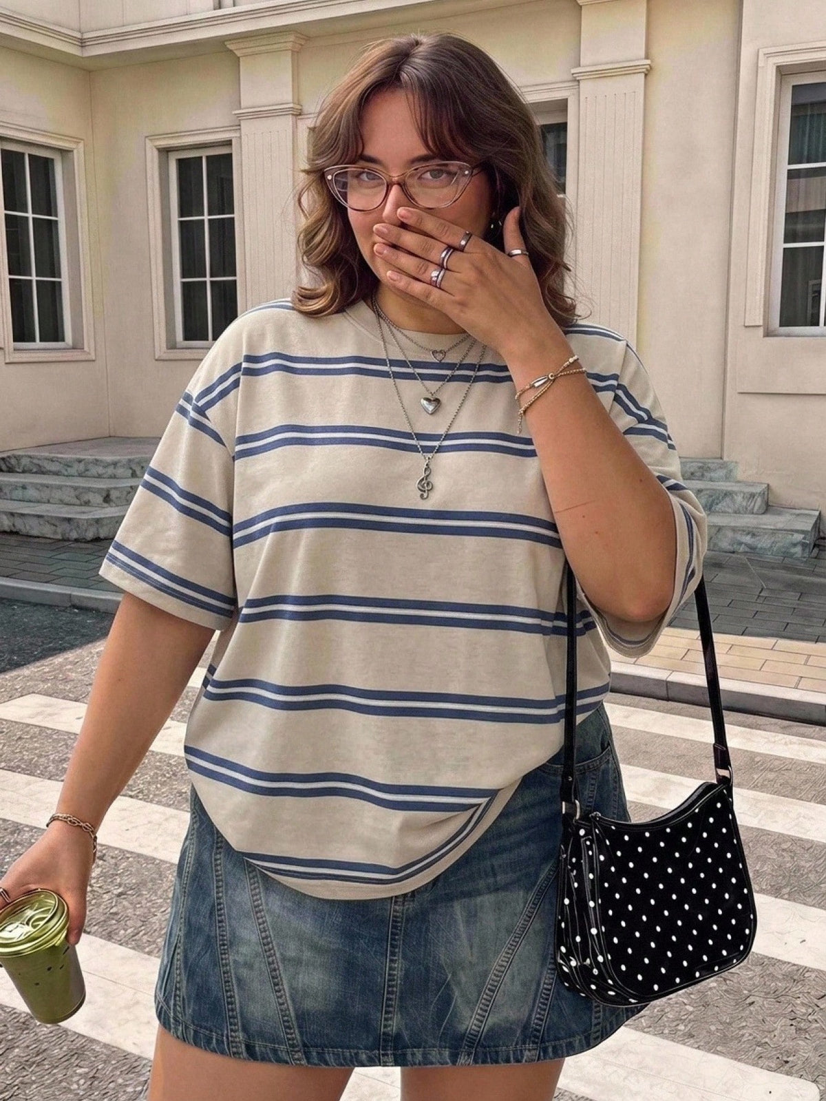 CURVE+ Plus Size Blue Striped Crew Neck T-Shirt, Suitable For Autumn