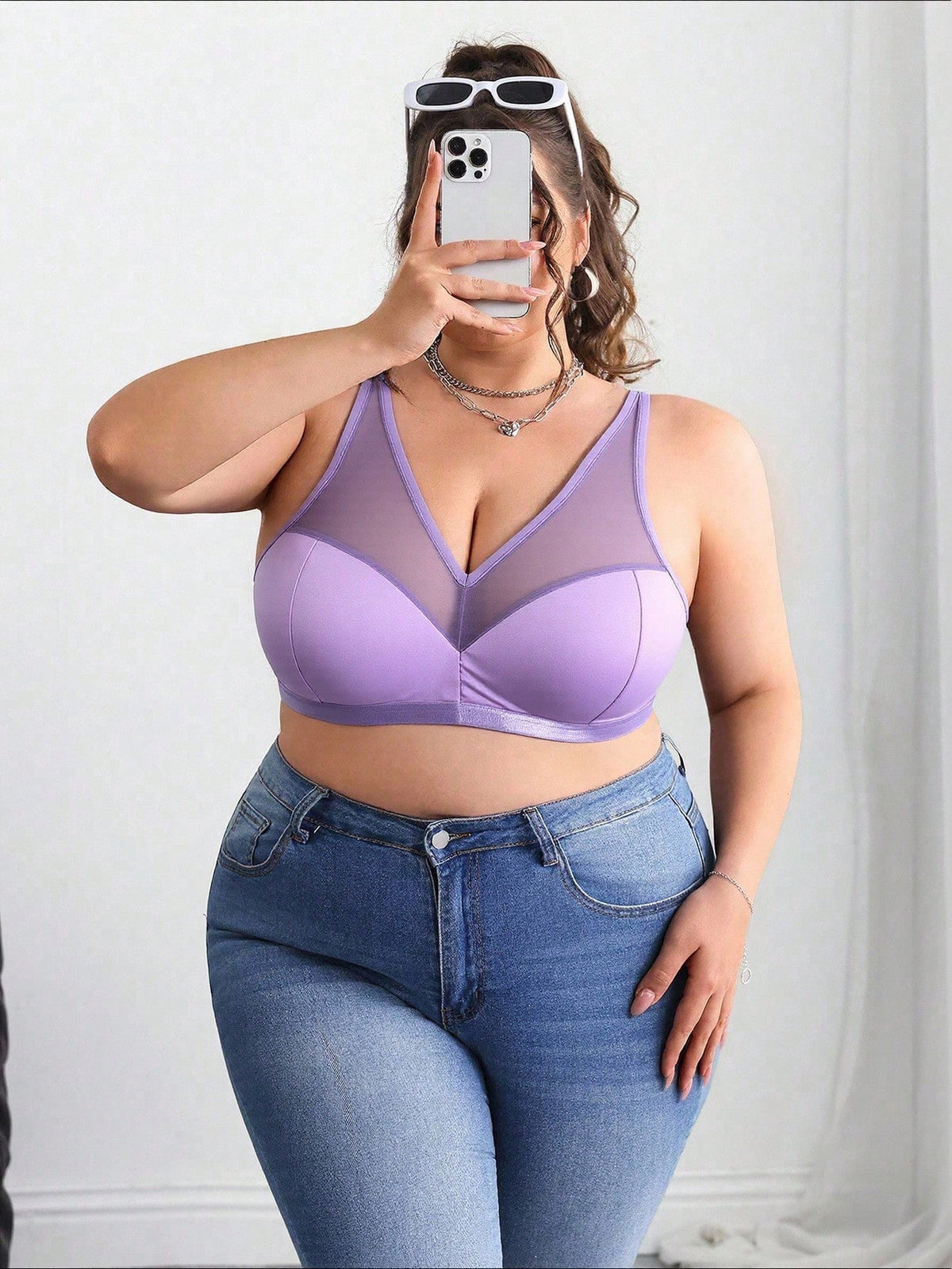 CURVE+ Plus Size Solid Color Mesh Insert Wireless Curved Tank Top Summer/Country/Beach Vacation/Beach Wear