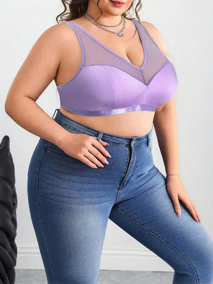 CURVE+ Plus Size Solid Color Mesh Insert Wireless Curved Tank Top Summer/Country/Beach Vacation/Beach Wear