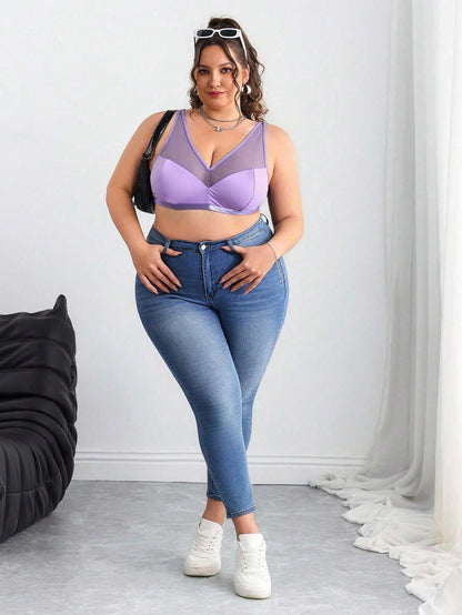 CURVE+ Plus Size Solid Color Mesh Insert Wireless Curved Tank Top Summer/Country/Beach Vacation/Beach Wear