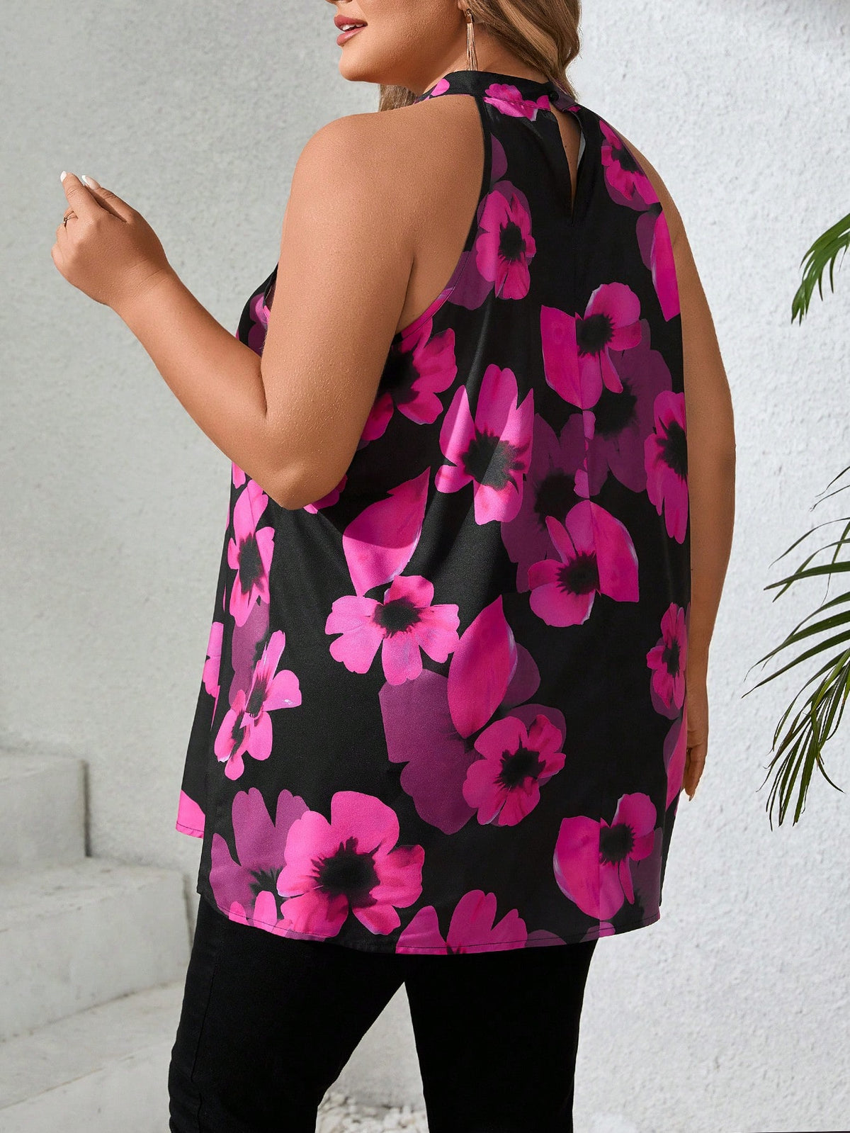 CURVE+ Plus Size Women Floral Print Ruched Halter Blouse Summer/Country/Beach Wedding Vacation/Beach Wear Black And White Elegant 1950s Vintage Eleganza