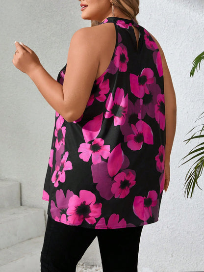 CURVE+ Plus Size Women Floral Print Ruched Halter Blouse Summer/Country/Beach Wedding Vacation/Beach Wear Black And White Elegant 1950s Vintage Eleganza