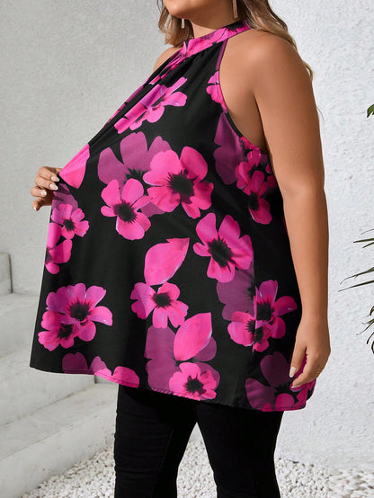 CURVE+ Plus Size Women Floral Print Ruched Halter Blouse Summer/Country/Beach Wedding Vacation/Beach Wear Black And White Elegant 1950s Vintage Eleganza