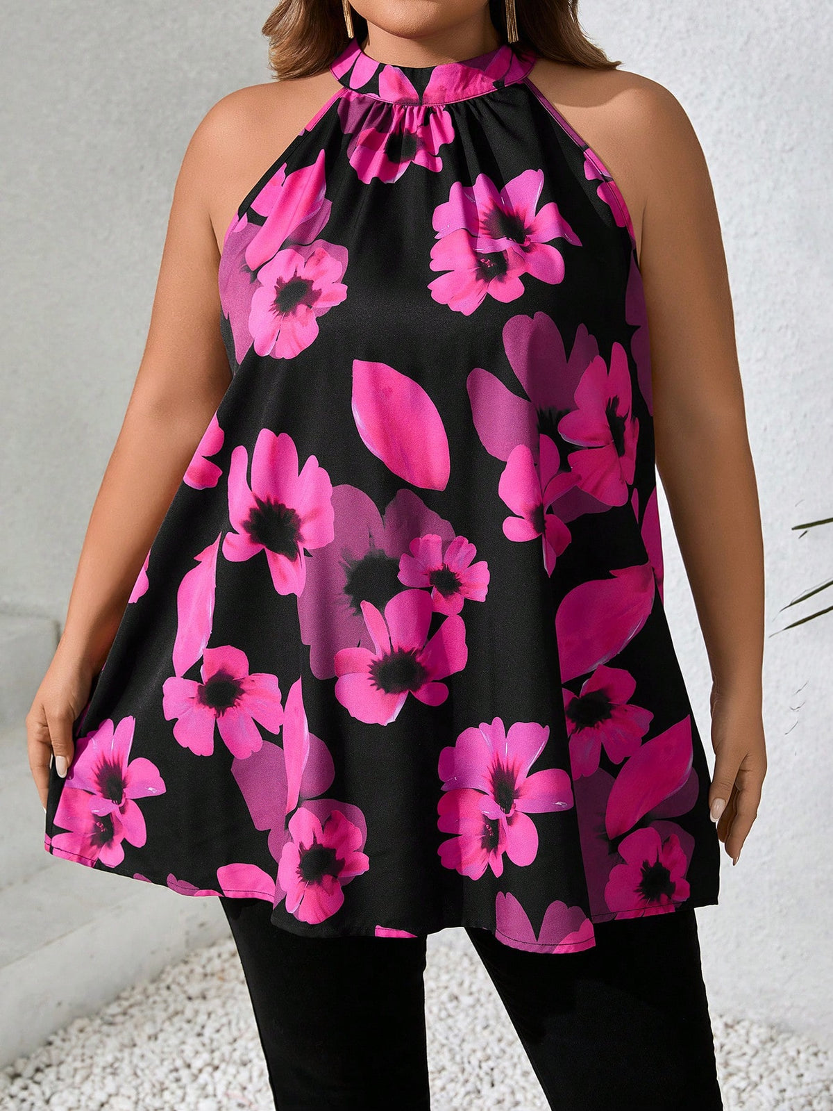 CURVE+ Plus Size Women Floral Print Ruched Halter Blouse Summer/Country/Beach Wedding Vacation/Beach Wear Black And White Elegant 1950s Vintage Eleganza