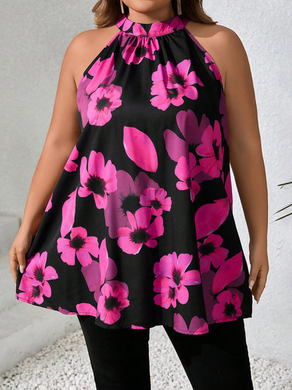 CURVE+ Plus Size Women Floral Print Ruched Halter Blouse Summer/Country/Beach Wedding Vacation/Beach Wear Black And White Elegant 1950s Vintage Eleganza
