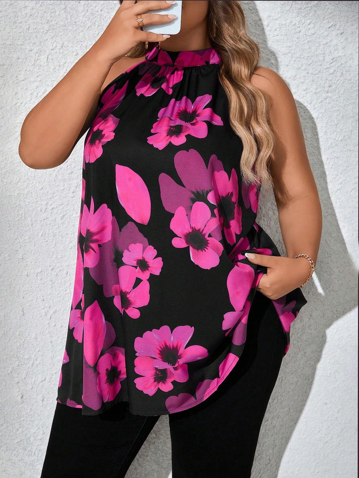 CURVE+ Plus Size Women Floral Print Ruched Halter Blouse Summer/Country/Beach Wedding Vacation/Beach Wear Black And White Elegant 1950s Vintage Eleganza