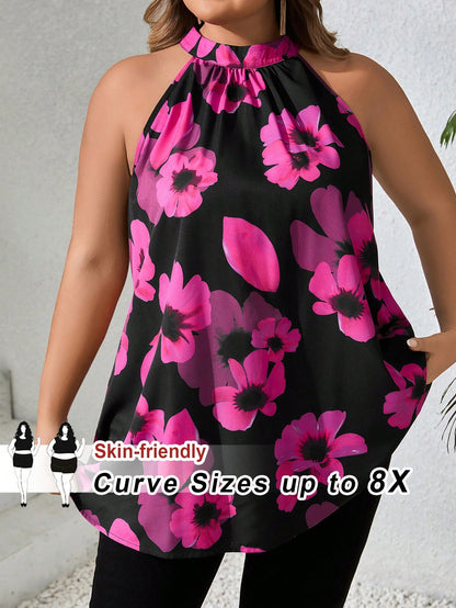 CURVE+ Plus Size Women Floral Print Ruched Halter Blouse Summer/Country/Beach Wedding Vacation/Beach Wear Black And White Elegant 1950s Vintage Eleganza