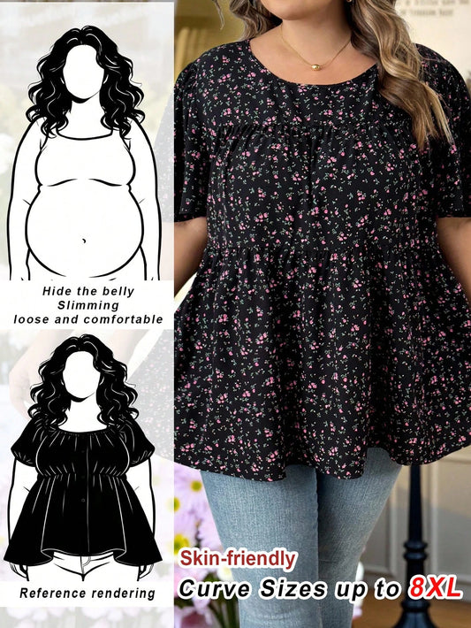 CURVE+ Plus Size Women's Ditsy Floral Round Neck Short Sleeve Casual Cute Safari Shirt, Summer, Vacation, Holiday Boho, Autumn, Teacher Black And White