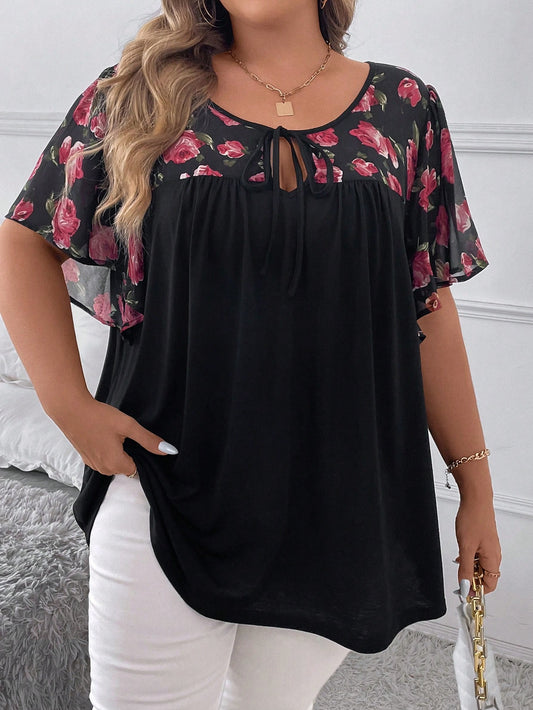 CURVE+ Plus Size Women's Floral Print V-Neck Ruffle Short Sleeve Loose Mom Shirts, Fall Winter 2026 22W