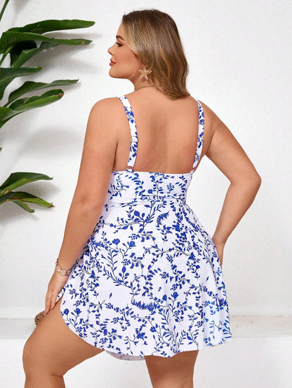 CURVE+ Plus Size Women's Leaf Print Adjustable Strap Round Neck One-Piece Swimsuit,White,Summer,Boho,Bachelorette Party,Beach,Holiday Elegant Outfit