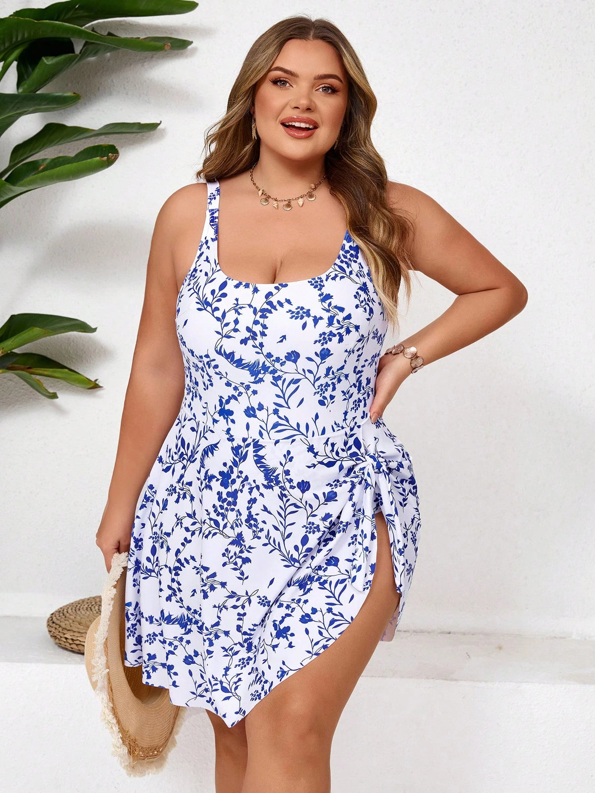 CURVE+ Plus Size Women's Leaf Print Adjustable Strap Round Neck One-Piece Swimsuit,White,Summer,Boho,Bachelorette Party,Beach,Holiday Elegant Outfit