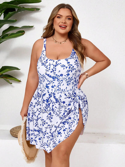 CURVE+ Plus Size Women's Leaf Print Adjustable Strap Round Neck One-Piece Swimsuit,White,Summer,Boho,Bachelorette Party,Beach,Holiday Elegant Outfit