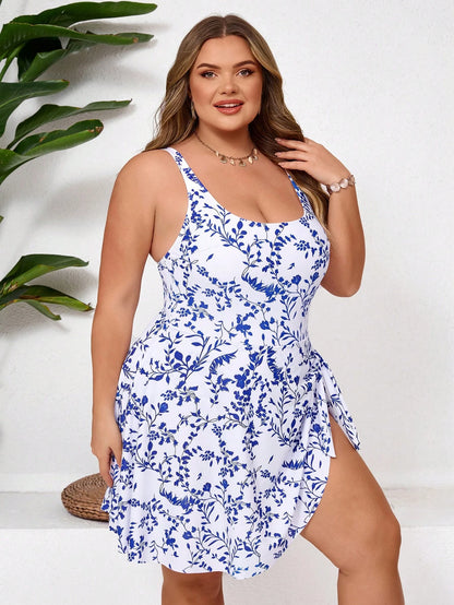 CURVE+ Plus Size Women's Leaf Print Adjustable Strap Round Neck One-Piece Swimsuit,White,Summer,Boho,Bachelorette Party,Beach,Holiday Elegant Outfit