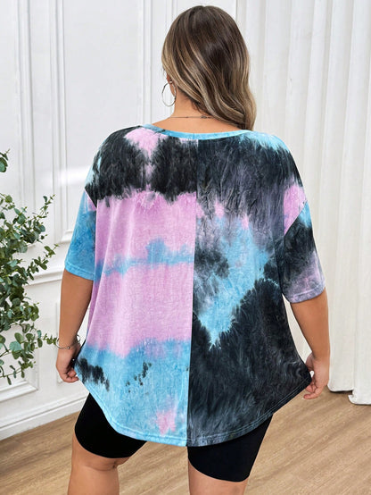 CURVE+ Plus Size Women's Random Baby Blue Pattern Curved Hem T-Shirt Vacation Office Concert Summer Business Casual Mom