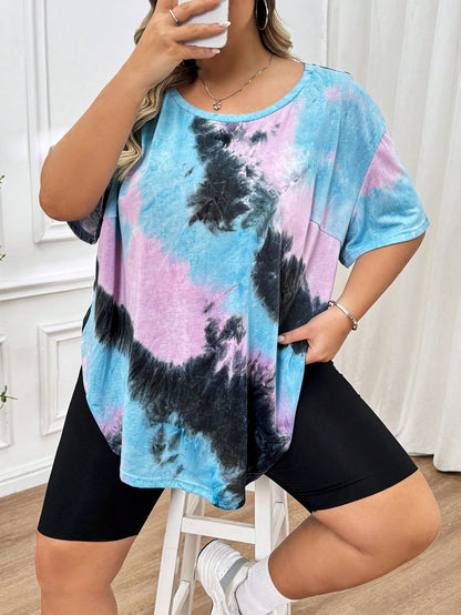 CURVE+ Plus Size Women's Random Baby Blue Pattern Curved Hem T-Shirt Vacation Office Concert Summer Business Casual Mom