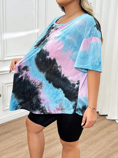 CURVE+ Plus Size Women's Random Baby Blue Pattern Curved Hem T-Shirt Vacation Office Concert Summer Business Casual Mom
