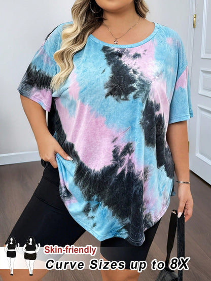 CURVE+ Plus Size Women's Random Baby Blue Pattern Curved Hem T-Shirt Vacation Office Concert Summer Business Casual Mom
