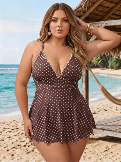 CURVE+ Plus Size Women's Summer Beach Vacation Polka Dot Print Tankini Swimwear