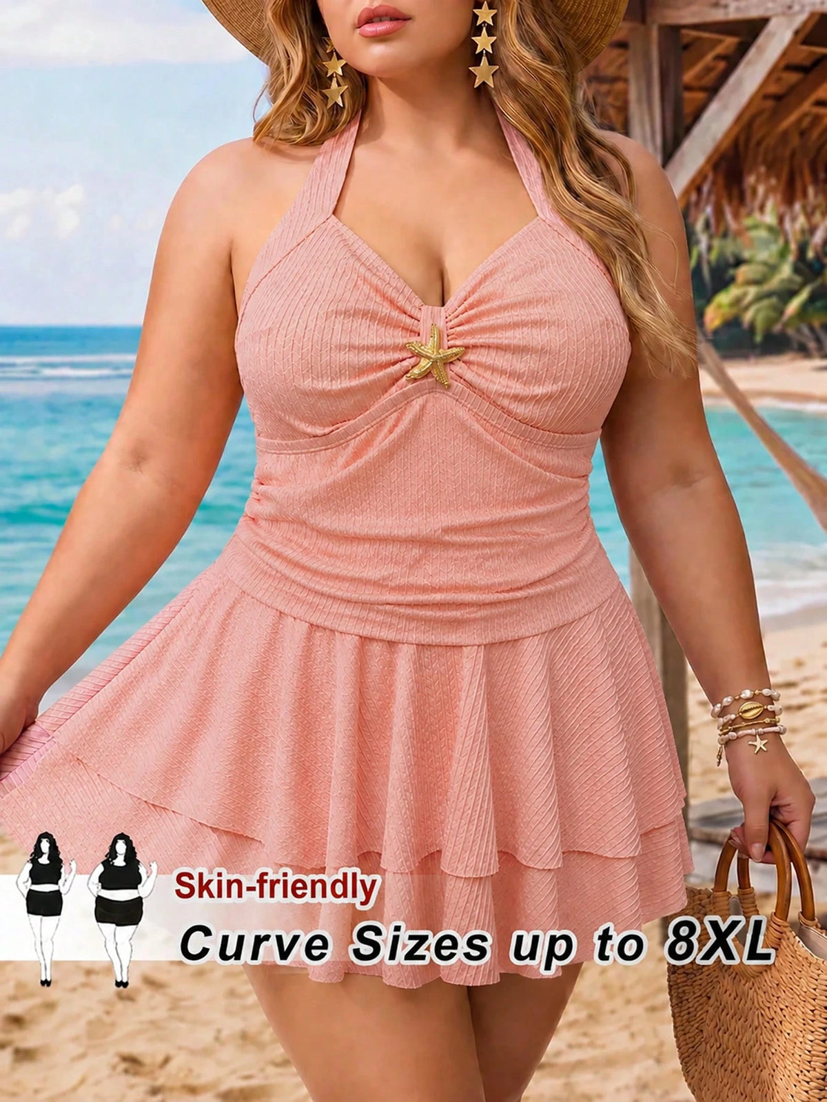 CURVE+ Plus Size Women's Sweet Cute Textured Fabric Starfish Decor Camisole Dress + Swim Shorts 2pcs Set, Summer Beach Vacation Holiday Pink Bikini Swimsuit