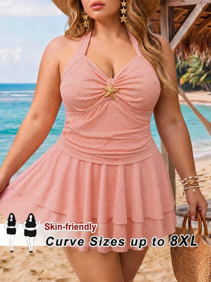 CURVE+ Plus Size Women's Sweet Cute Textured Fabric Starfish Decor Camisole Dress + Swim Shorts 2pcs Set, Summer Beach Vacation Holiday Pink Bikini Swimsuit