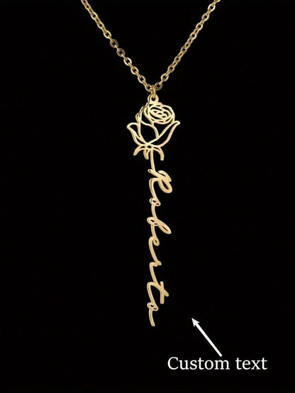 Customized 1pc 18K Gold Plated Stainless Steel Personalized Name Necklace With Rose Pendant- Customized English Font, Ideal For Mother's Day, Valentine's Day, Birthday, Anniversary, Graduation And Ch