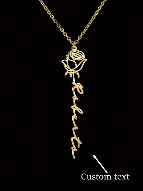 Customized 1pc 18K Gold Plated Stainless Steel Personalized Name Necklace With Rose Pendant- Customized English Font, Ideal For Mother's Day, Valentine's Day, Birthday, Anniversary, Graduation And Ch