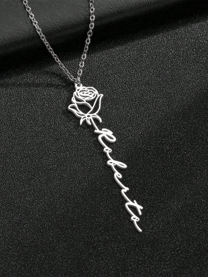 Customized 1pc 18K Gold Plated Stainless Steel Personalized Name Necklace With Rose Pendant- Customized English Font, Ideal For Mother's Day, Valentine's Day, Birthday, Anniversary, Graduation And Ch